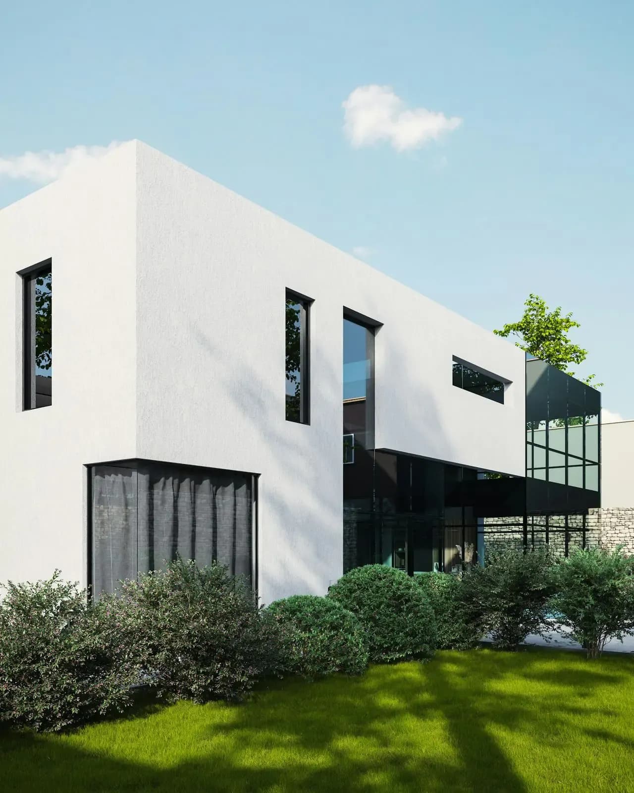 White rendered facade above the front lawn