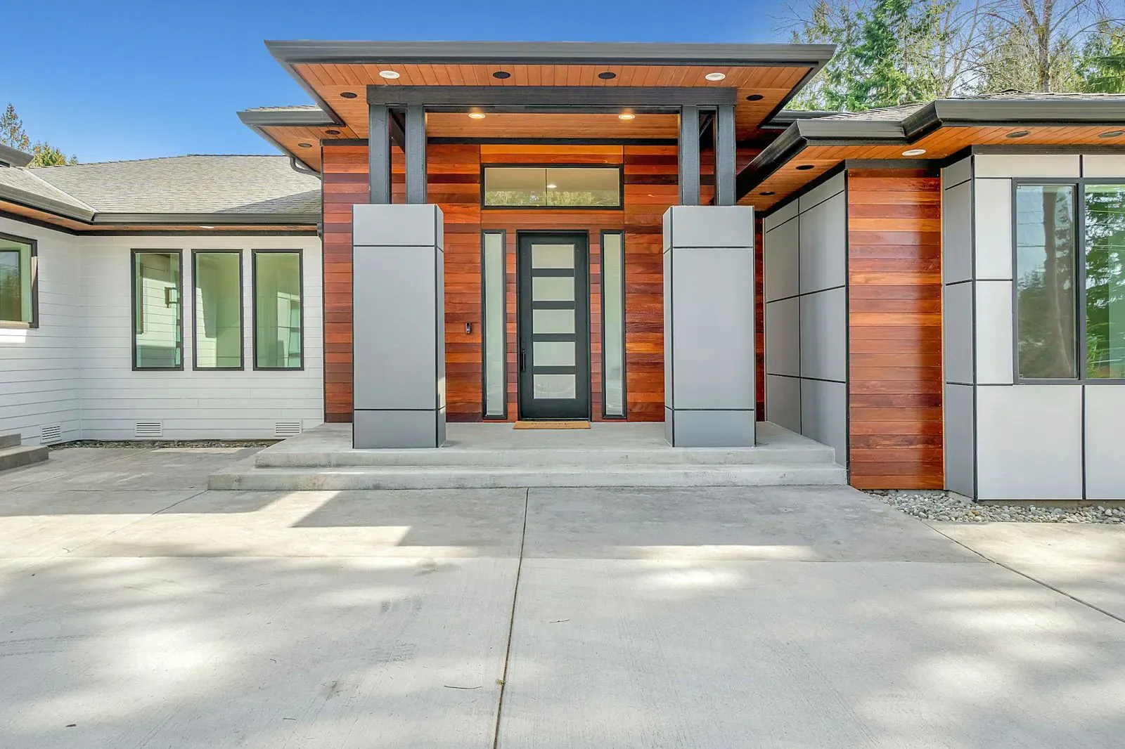 Timber-lined entrance canopy