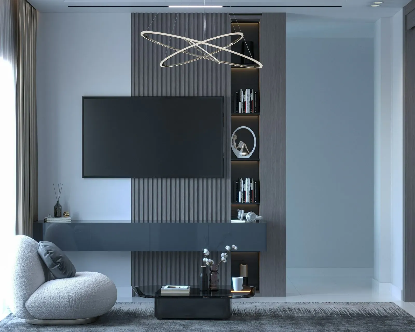 Media wall detail with recessed shelving