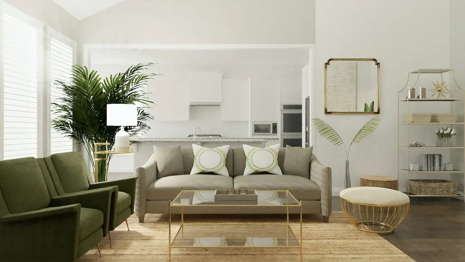 Living room with soft green upholstery