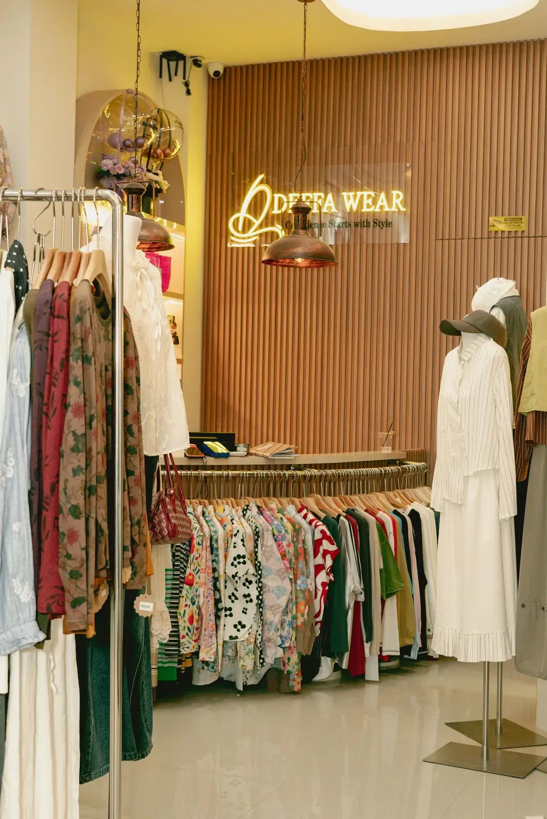 Apparel rail against the timber-slatted wall