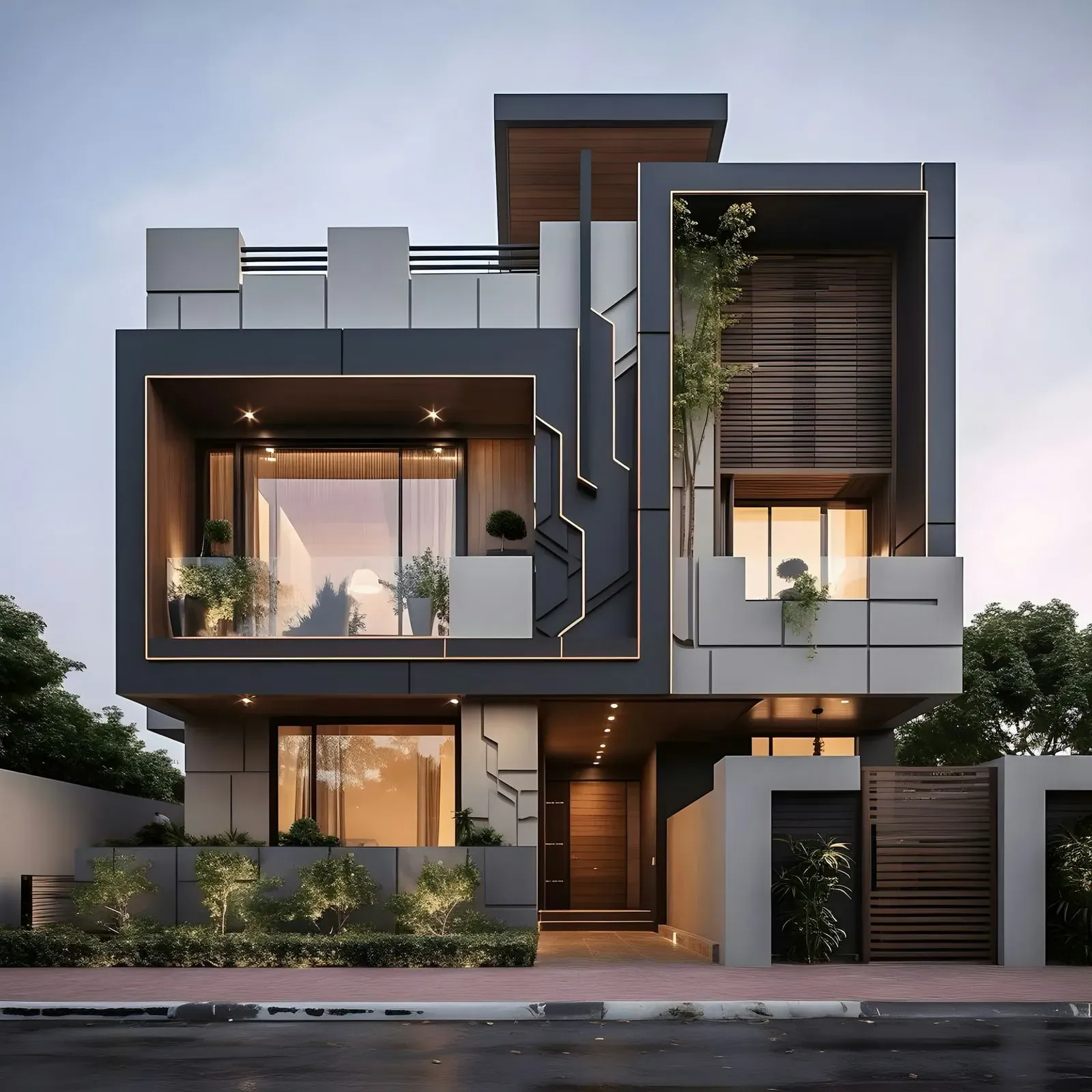Street facade at dusk with warm interior light