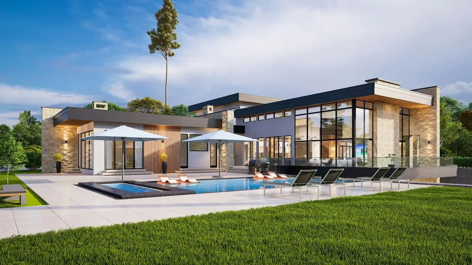 Single-storey wing facing the pool and lawn