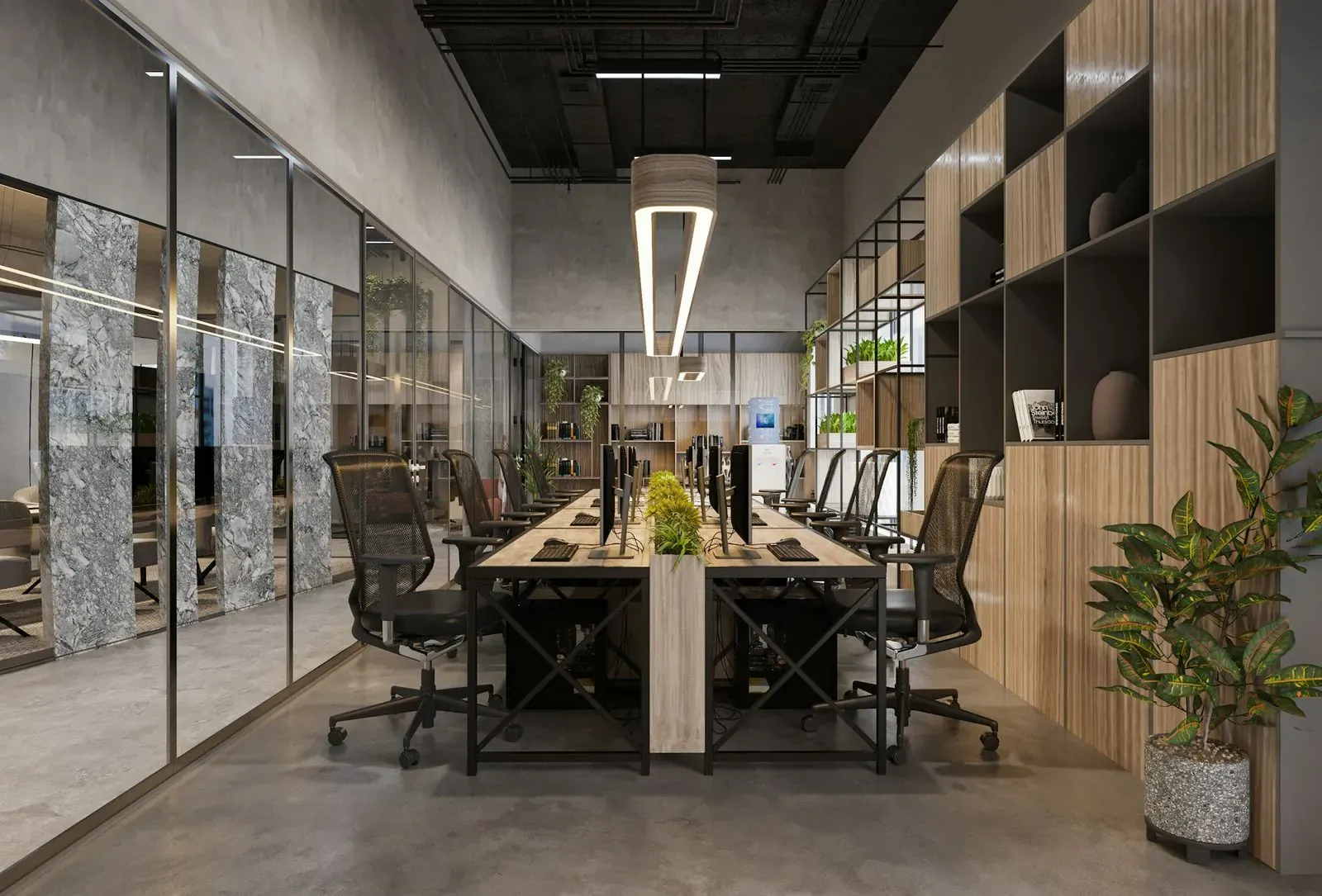 Open workstations along the window line