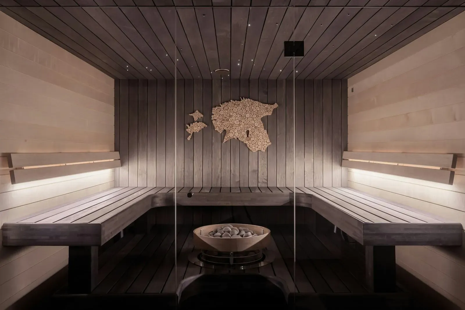 Timber-lined sauna cabin